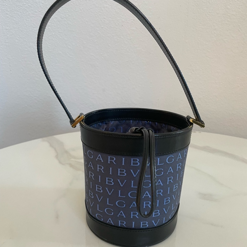 Bvlgari Logomania Navy Blue Leather Canvas Bucket Handbag Drawstring Gold